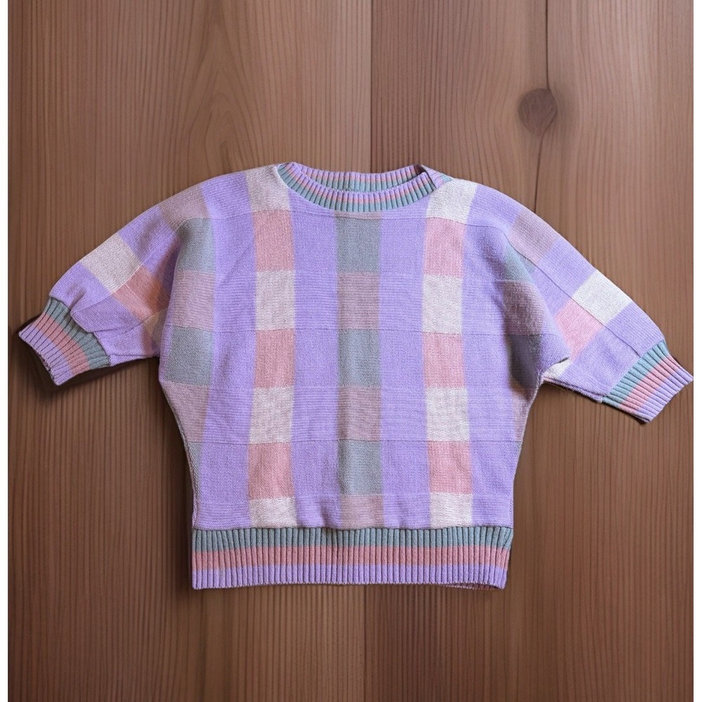Vintage Topsicles Womens 80's Sweater M Purple Plaid Geometric Dolman 3/4 Sleeve